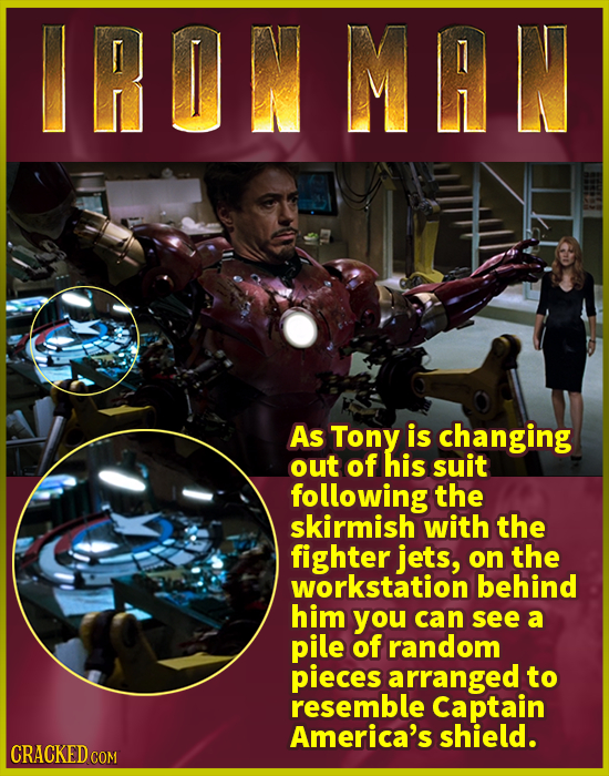 IRONMAN As Tony is changing out of his suit following the skirmish with the fighter jets, on the workstation behind him you can see a pile of random p
