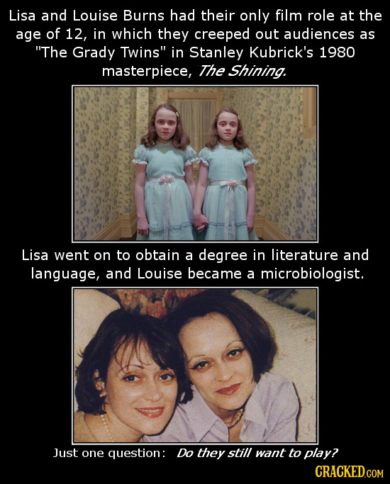 Lisa and Louise Burns had their only film role at the age of 12, in which they creeped out audiences as The Grady Twins in Stanley Kubrick's 1980 ma