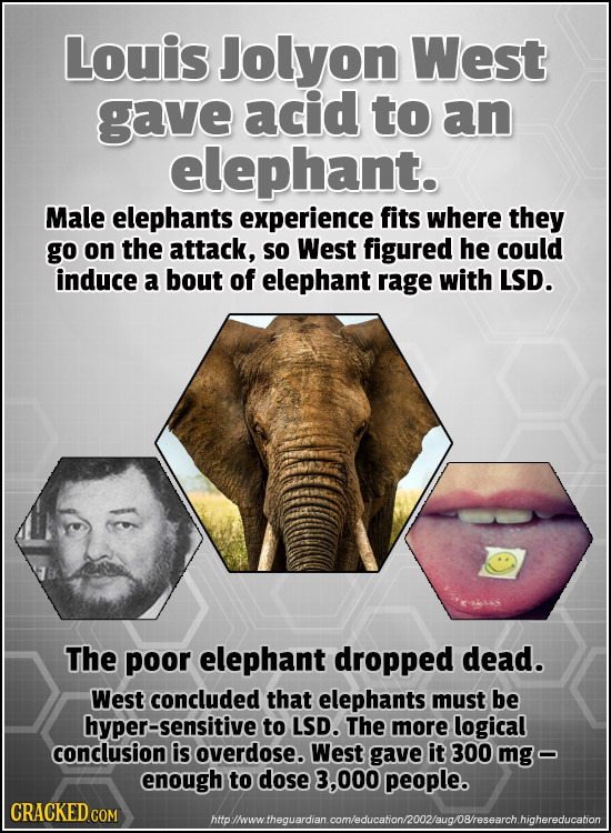 Louis Jolyon West gave acid to an elephant. Male elephants experience fits where they go on the attack, so West figured he could induce a bout of elep