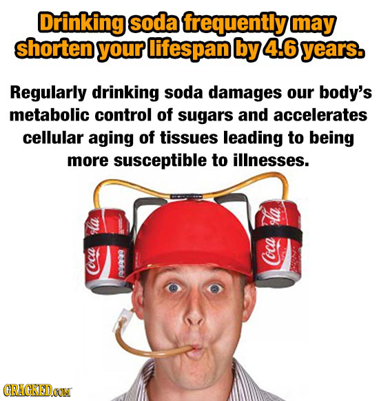 Drinking soda frequentiy may shorten your lifespan by 4.6 years. Regularly drinking soda damages our body's metabolic control of sugars and accelerate