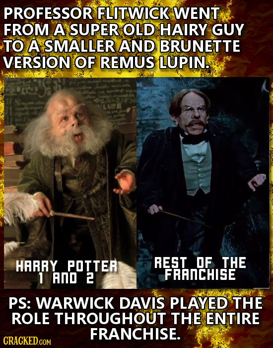 PROFESSOR FLITWICK WENT FROM A SUPER OLD HAIRY GUY TO A SMALLER AND BRUNETTE VERSION OF REMUS LUPIN. HARRY POTTER REST OF THE 1 AND 2 FRANCHISE PS: WA