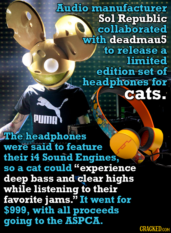 Audio manufacturer Sol Republic collaborated with deadmau5 to release a limited edition set of headphones for cats. PUma The headphones were Said to f
