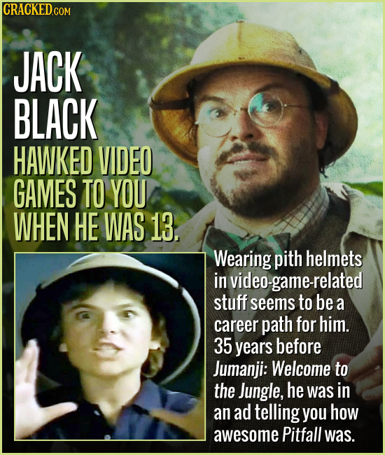 JACK BLACK HAWKED VIDEO GAMES TO YOU WHEN HE WAS 13, Wearing pith helmets in video-game-related stuff seems to be a career path for him. 35 years befo