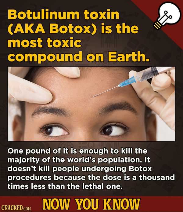 Now You Know! 13 Facts About Movies And General Trivia To Un-Bore You - Botulinum toxin CAKA Botox) is the most toxic compound on Earth.