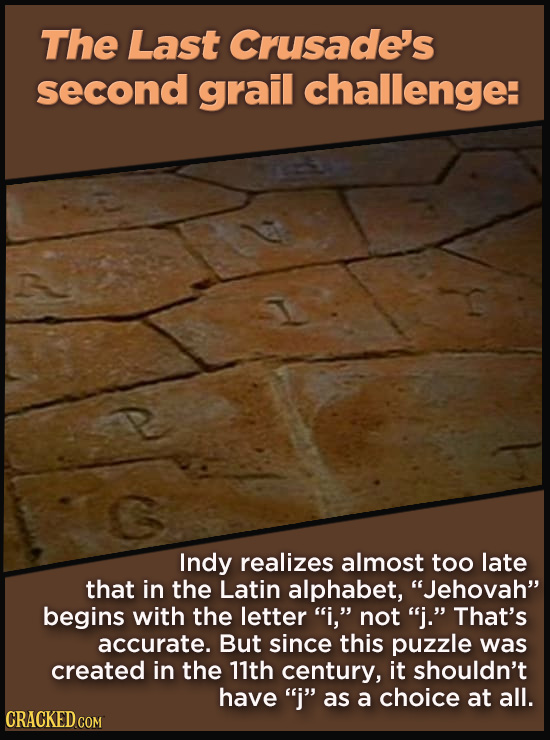 21 Details That Movies And TV Shows Got Exactly Wrong - Indy realizes almost too late
that in the Latin alphabet, “Jehovah” begins with the letter “i