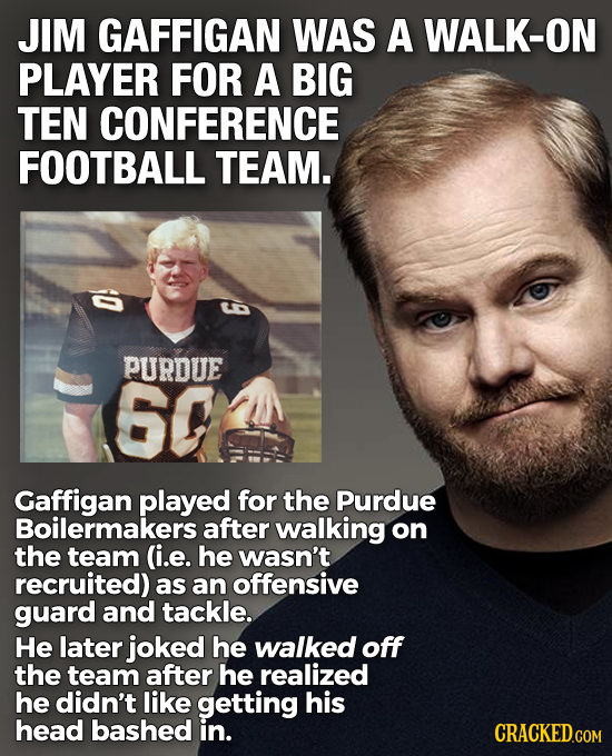 JIM GAFFIGAN WAS A WALK-ON PLAYER FOR A BIG TEN CONFERENCE FOOTBALL TEAM. PURDUE 60 Gaffigan played for the Purdue Boilermakers after walking on the t