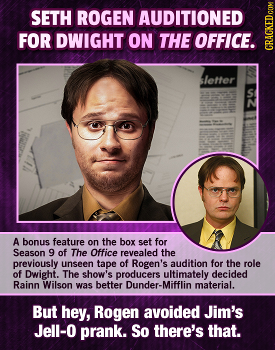 SETH ROGEN AUDITIONED FOR DWIGHT ON THE OFFICE. CRAGh sletter S N A bonus feature on the box set for Season 9 of The Office revealed the previously un