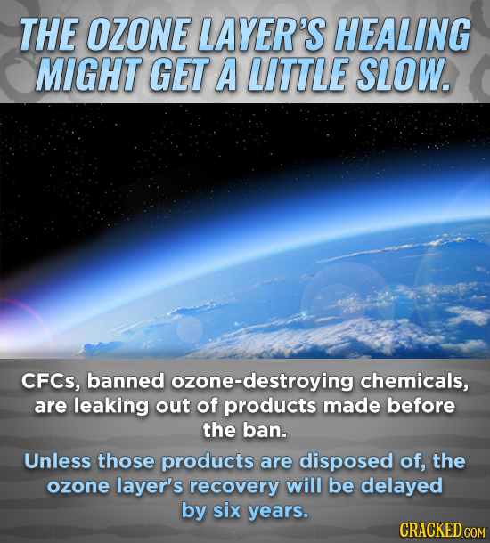 THE OZONE LAYER'S HEALING MIGHT GET A LITTLE SLOW. CFCs, banned ozone-destroying chemicals, are leaking out of products made before the ban. Unless th