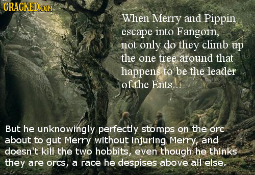 CRACKEDCON When Merry and Pippin escape into Fangorn, not only do they climb up the one tree around that happens to be the leader of the Ents..1 But h