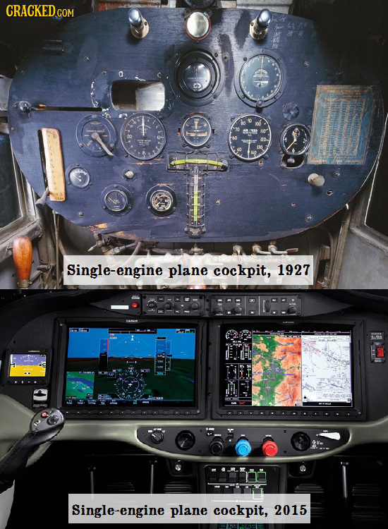 CRACKED 1o 0o 1O 60 Single-engine plane cockpit, 1927 Single-engine plane cockpit, 2015 