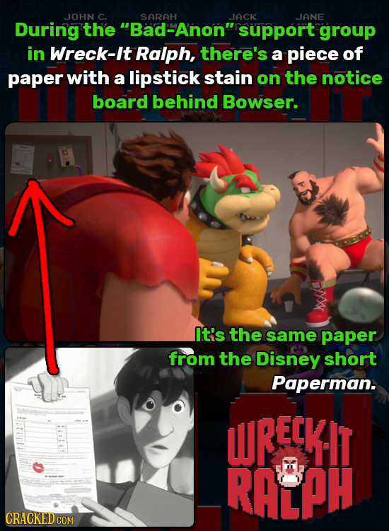 JOHN C. SARAH JACK JANE During the Bad-Anon support group in Wreck-It Ralph, there's a piece of paper with a lipstick stain on the notice board behi