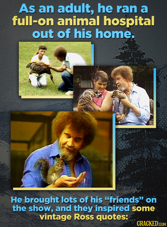 As an adult, he ran a full-on animal hospital out of his home. He brought lots of his friends on the show, and they inspired some vintage Ross quote