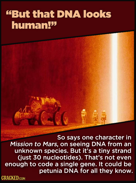 21 Details That Movies And TV Shows Got Exactly Wrong - So says one character in
Mission to Mars, on seeing DNA from an unknown species. But it’s a ti