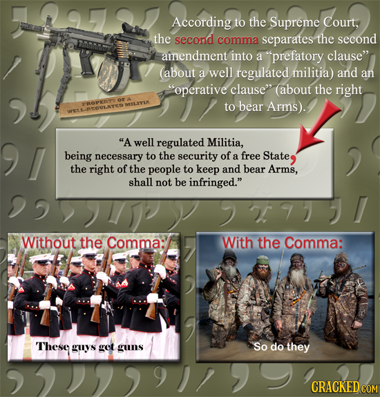 According to the Supreme Court, the second comma separates the second amendment into a prefatory clause (about a well regulated militia) and an ope