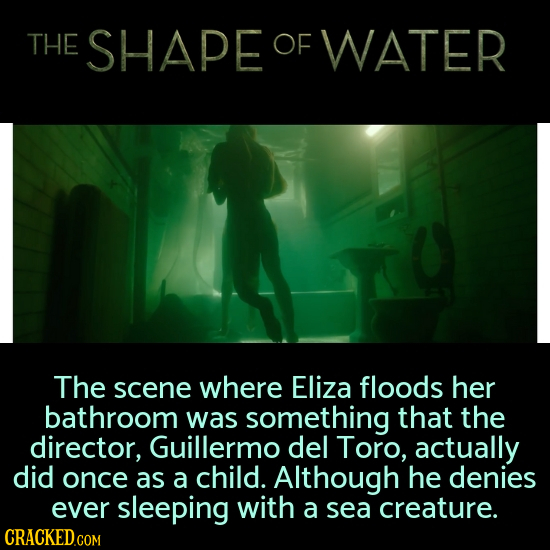 THE SHAPE OF WATER The scene where Eliza floods her bathroom was something that the director, Guillermo del Toro, actually did once as a child. Althou
