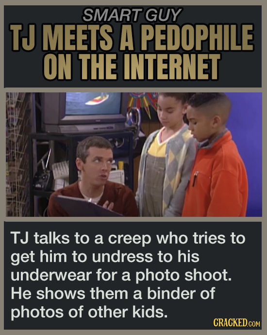SMART GUY TJ MEETS A PEDOPHILE ON THE INTERNET TJ talks to a creep who tries to get him to undress to his underwear for a photo shoot. He shows them a binder of photos of other kids.