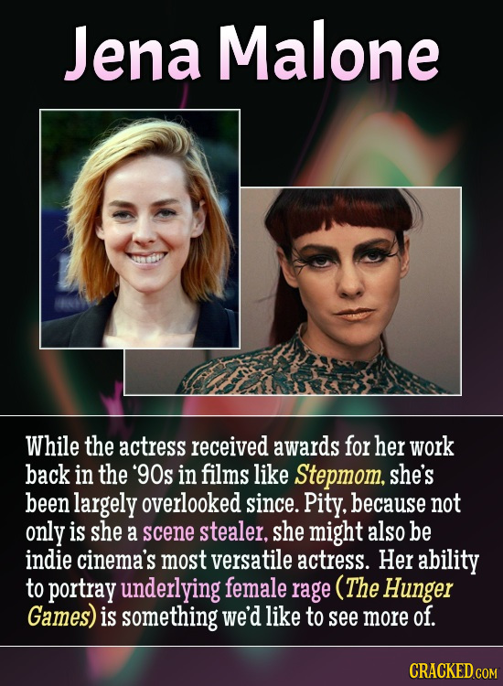 Jena Malone While the actress received awards for her work back in the '90s in films like Stepmom, she's been largely overlooked since. Pity. because