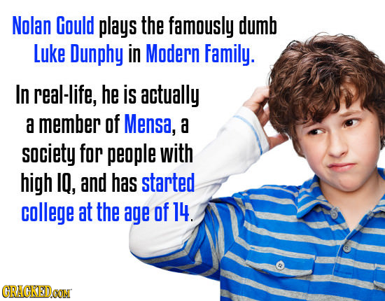 Nolan Gould plays the famously dumb Luke Dunphy in Modern Family. In real-life, he is actually a member Of Mensa, a society for people with high IQ, a