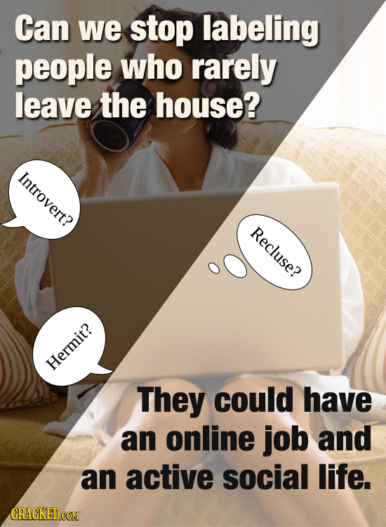 Can We stop labeling people who rarely leave the house? introvert2 Recluse? Hermit? They could have an online job and an active social life. CRACKEDCO