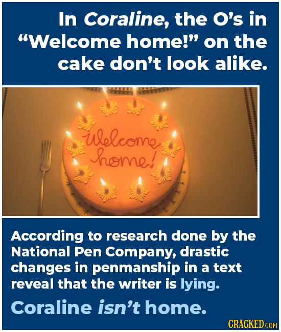 In Coraline, the O's in Welcome home! on the cake don't look alike. uelcome home! According to research done by the National Pen Company, drastic ch