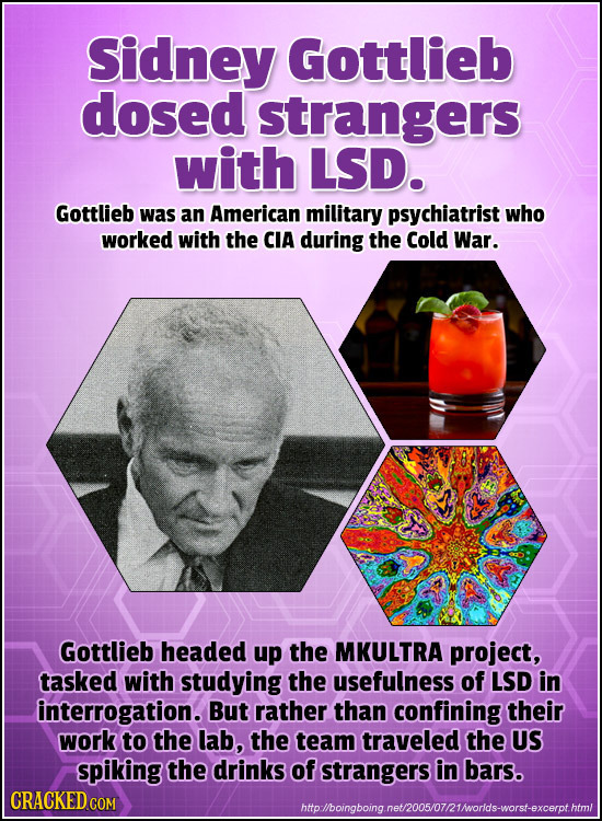 Sidney Gottlieb dosed strangers with LSD. Gottlieb was an American military psychiatrist who worked with the CIA during the Cold War. Gottlieb headed 