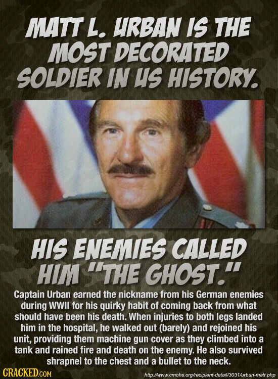 MATT L. URBAN IS THE MOST DECORATED SOLDIER IN us HISTORY HIS ENEMIES CALLED HIM 'THE GHOST. Captain Urban earned the nickname from his German enemi