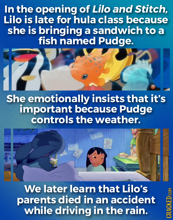 In the opening of Lilo and Stitch, Lilo is late for hula class because she is bringing a sandwich to a fish named Pudge. She emotionally insists that