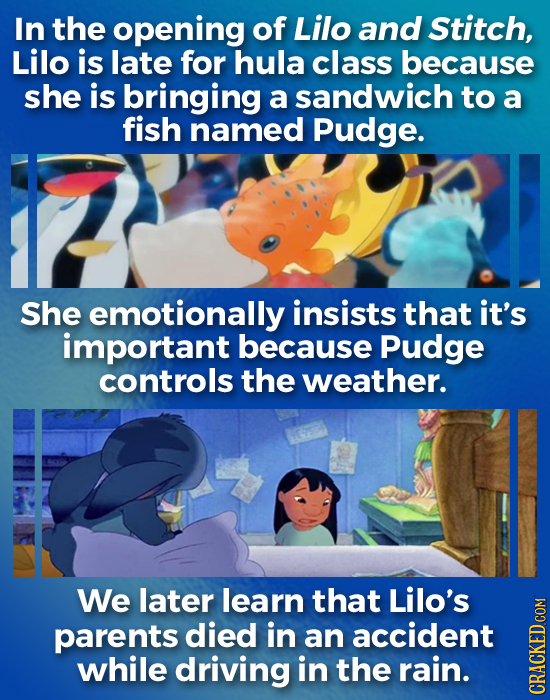 In the opening of Lilo and Stitch, Lilo is late for hula class because she is bringing a sandwich to a fish named Pudge. She emotionally insists that 