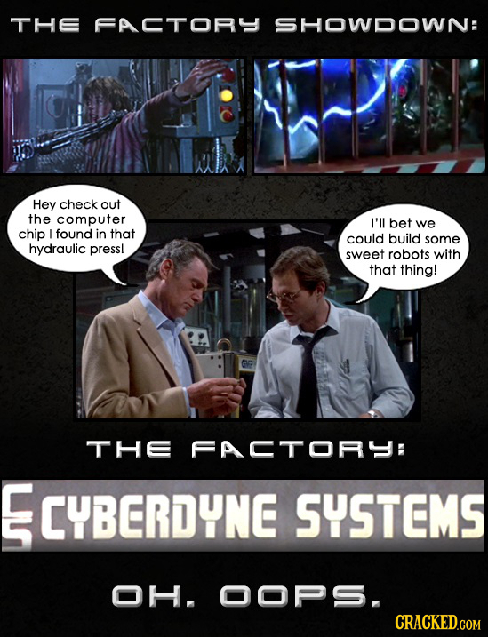 THE FACTORY SHOWDOWN: Hey check out the computer I'll bet we chip I found in that could build some hydraulic press! sweet robots with that thing! GI T