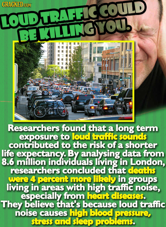 LOUDTRAFFICCOULD BEKILLINGYOU Researchers found that a long term exposure to loud traffic sounds contributed to the risk of a shorter life expectancy.