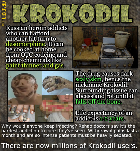 KROKODIL Russian heroin addicts who can't afford another hit turn to desomorphine. It can be cooked at home from OTC codeine and cheap chemicals like 