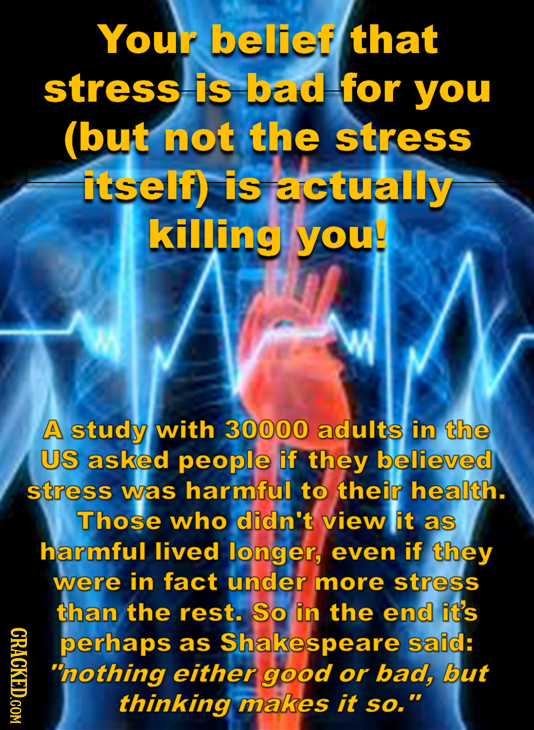 Your belief that stress is bad for you (but not the stress itself) is actually killing you! A study with 30000 adults in the US asked people if they b