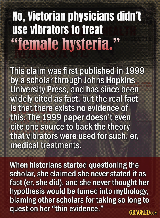 No, Victorian physicians didn't use vibrators to treat female hysteria. GE5E This claim was first published in 1999 by a scholar through Johns Hopki