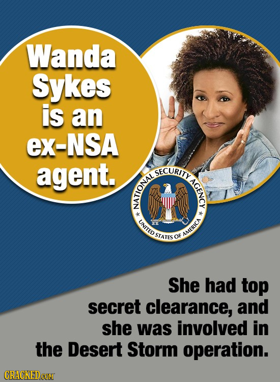 Wanda Sykes is an ex-NSA agent. SECURITY AGENCY ONAL * VOIHTWVA OF LINN VIS She had top secret clearance, and she was involved in the Desert Storm ope