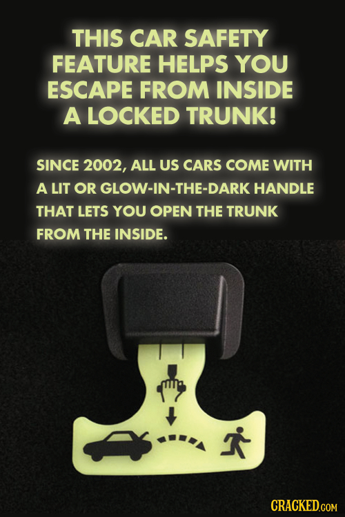 THIS CAR SAFETY FEATURE HELPS YOU ESCAPE FROM INSIDE A LOCKED TRUNK! SINCE 2002, ALL US CARS COME WITH A LIT OR GLOW-IN-THE-DARK HANDLE THAT LETS YOU