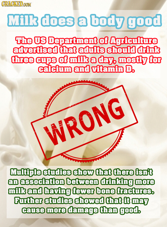 CRACKEDOON Milk does a body good The US Department of Agriculture advertised that adults should drink three cups of milk a day mostly for calcium and