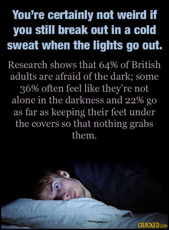 You're certainly not weird if you still break out in a cold sweat when the lights go out. Research shows that 64% of British adults are afraid of the