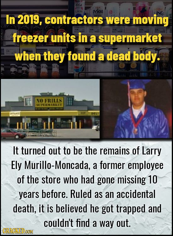 664 LANI prion iNGo In 2019, contractors were moving freezer units in a supermarket when they found a dead body. NO FRILLS NETPERLMARKIT NTLINCE EIT D