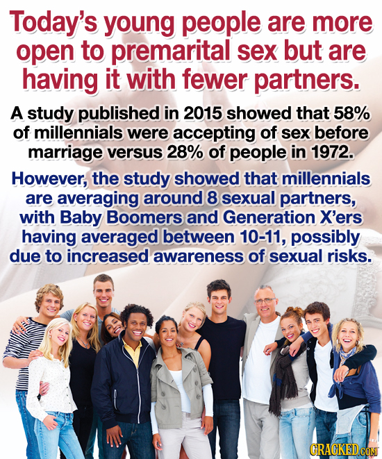 Today's young people are more open to premarital sex but are having it with fewer partners. A study published in 2015 showed that 58% of millennials w