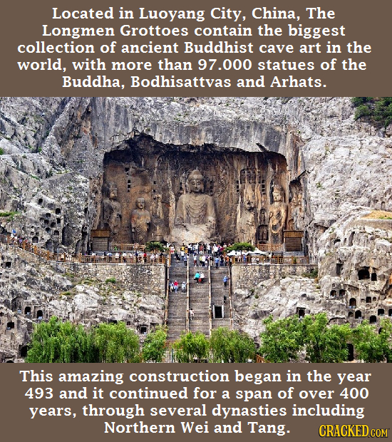 Located in Luoyang City, China, The Longmen Grottoes contain the biggest collection of ancient Buddhist cave art in the world, with more than 97.000 s
