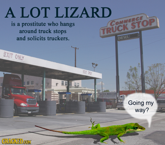 A LOT LIZARD is a prostitute who hangs COMMERCE STOP around truck stops TRUCK and solicits truckers. DIESEL EXIT ONLY EXT OY Going my way?