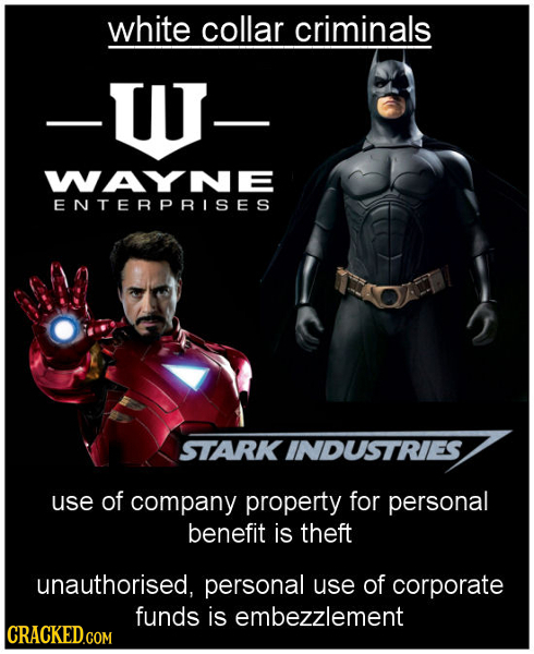 white collar criminals -WJ- WAYNE ENTERPRISES STARK INDUSTRIES use of company property for personal benefit is theft unauthorised, personal use of cor