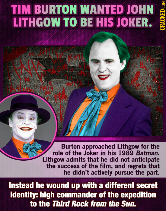 TIM BURTON WANTED JOHN LITHGOW TO BE HIS JOKER. cRAGh Kit Burton approached Lithgow for the role of the Joker in his 1989 Batman. Lithgow admits that 
