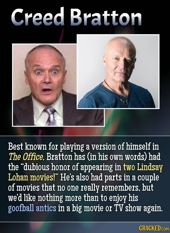 Creed Bratton Best known for playing a version of himself in The Office. Bratton has (in his own words) had the dubious honor of appearing in two Lin