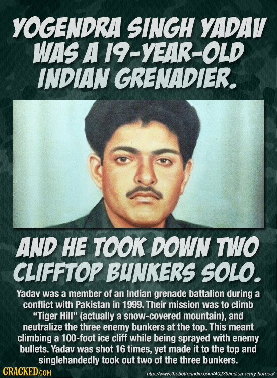 YOGENDRA SINGH YADAV WAS A19-YEAR-OLD INDIAN GRENADIER. AND HE TOOK DOWN TWO CLIFFTOP BUNKERS SOLO. Yadav was a member of an Indian grenade battalion