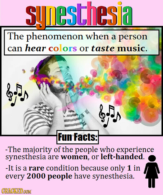 synesthesia The phenomenon when a person hear can colors or taste music. Fun Facts: - The majority of the people who experience synesthesia are women,