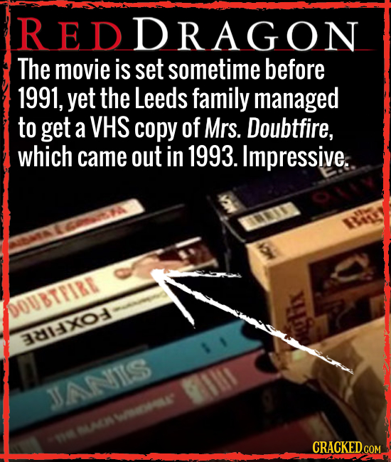 REDDRAGON The movie is set sometime before 1991, yet the Leeds family managed to get a VHS copy of Mrs. Doubtfire, which came out in 1993. Impressive