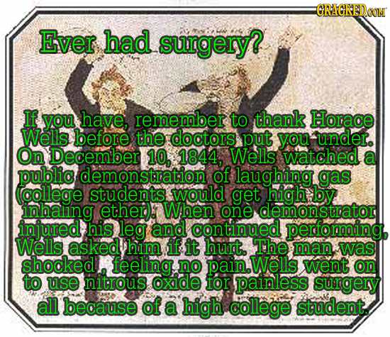 CRACRNDOON Ever had surgery? If you have, remember to thank Horace Wells before the doctors put you under. On December 10, 1844, Wells watchedl a oubl