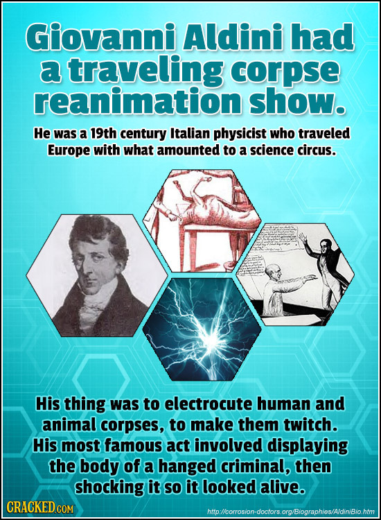 Giovanni Aldini had a traveling corpse reanimation show. He was a 19th century Italian physicist who traveled Europe with what amounted to a science c