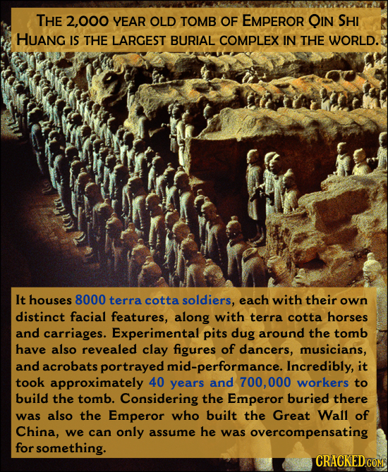 THE 2,000 YEAR OLD TOMB OF EMPEROR QIN SHI HUANG IS THE LARGEST BURIAL COMPLEX IN THE WORLD. r Ln T It houses 8000 terra cotta soldiers, each with the